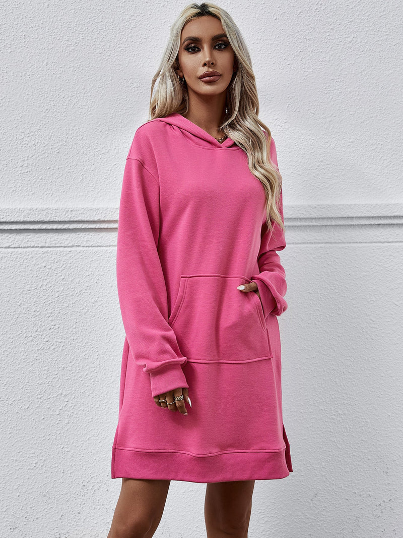 Autumn Winter Clothing Hooded Long Sleeve Kangaroo Pocket Split Long Sweater Dress