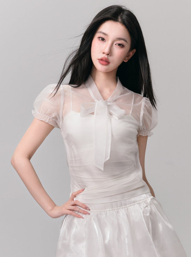 Ethereal White Summer Set: Puff-sleeve Crop Top & Scalloped Tie-side Mini Skirt