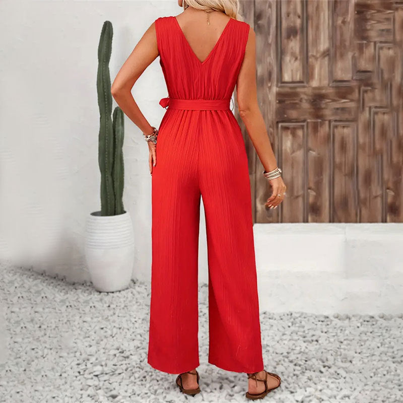 Jacquard Striped Ruffled Wide Leg Pants Belt Straight Sleeveless Pants Jumpsuit