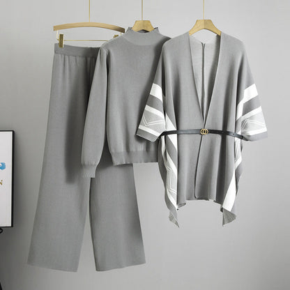 Spring Graceful Fashionable Knitted Shawl Cardigan Turtleneck Sweater Wide Leg Pants Three Piece Set