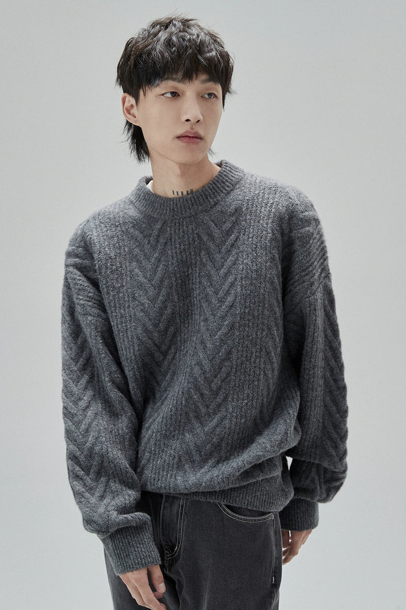 Cream Cable Knit Sweater With Chevron Pattern