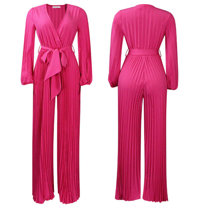 Summer V Neck Lace Up Pleated Wide Leg Jumpsuit
