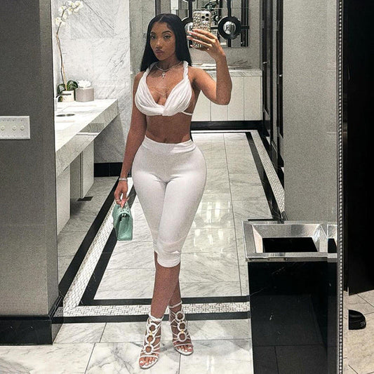 Fall Clothing Halter Bikini Backless Lace Up Cropped Pants Suit