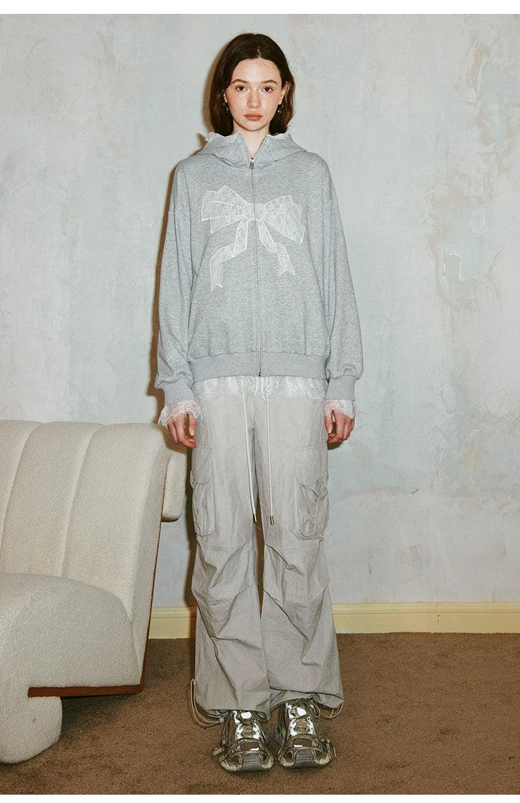 Diddi Moda Bow Print Hoodie - Gray Zip-up Sweatshirt With Lace Trim and Graphic Design