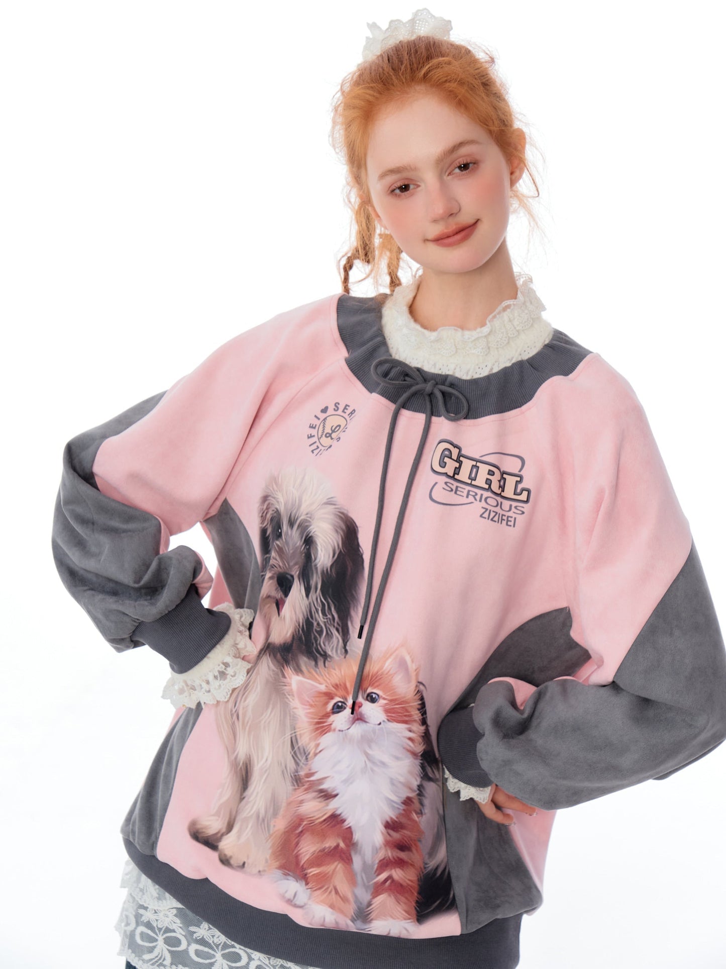 Cat and Dog Print Two-tone Sweatshirt