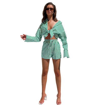 Spring Summer Office Pants Suit Shirt Striped Long Sleeve Split Two-piece Set