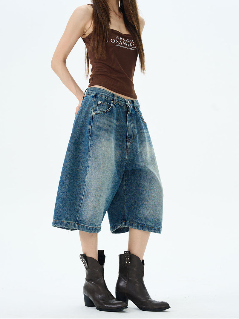 Wide-leg Denim Bermuda Shorts