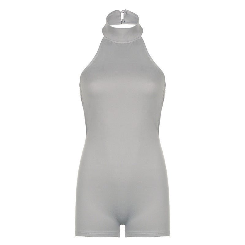 Street Cool Sports Color Halter Backless Jumpsuit Shorts