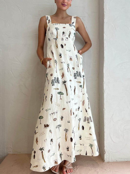 Fashionable Personalized Graffiti Suspender Backless Maxi Dress