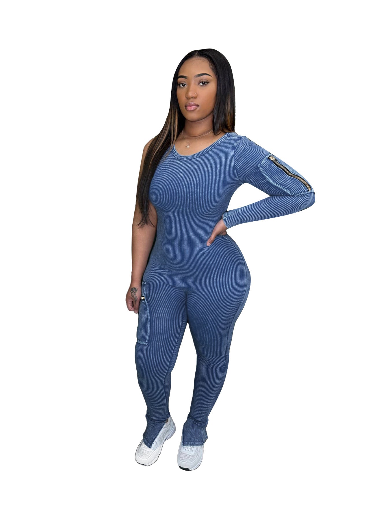 Wear Stretch Cotton Thread Large Pocket Single Sleeve Distressed Tight Jumpsuit