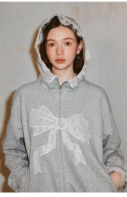 Diddi Moda Bow Print Hoodie - Gray Zip-up Sweatshirt With Lace Trim and Graphic Design