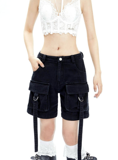 Black Cargo Shorts With Dangling Straps