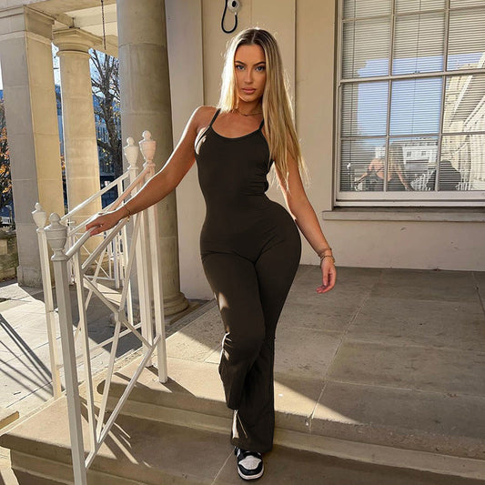 Clothing Winter Color Sling Backless Wide Leg Bell Bottoms Sports Yoga Jumpsuit