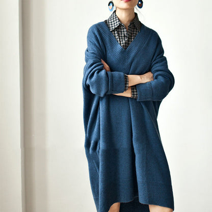 Autumn Winter Korean V Neck Sweater Mid Length Loose Sweater Pullover Thick Dress