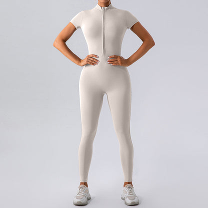 Zipper Short Sleeve Nude Feel Yoga Jumpsuit Outer Wear Workout Exercise Pants One Piece Tights