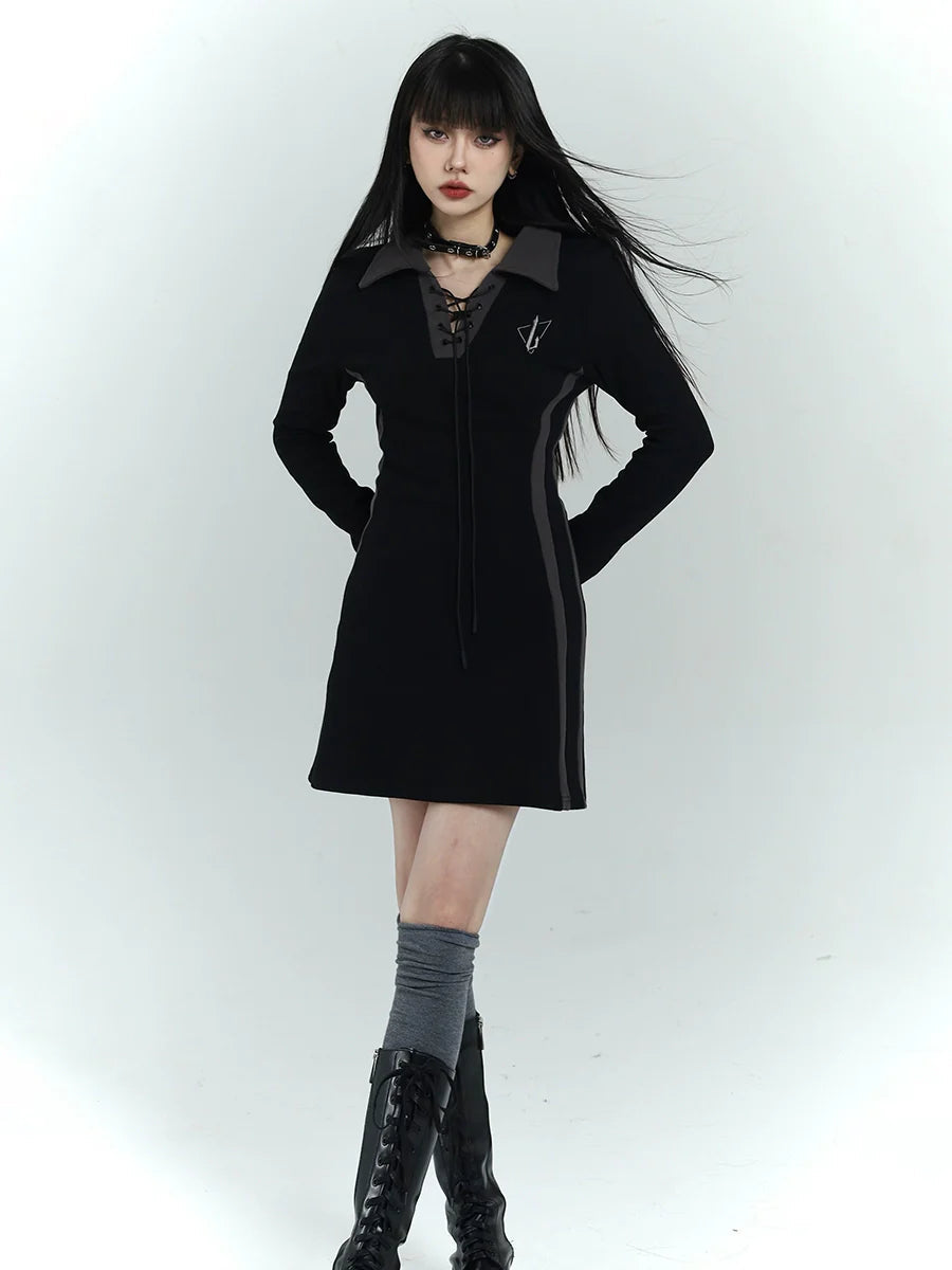 Lace-up Collar Mini Dress