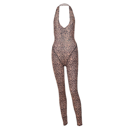 Summer Leopard Print Printed V-neck Backless Slim Fit Halter Jumpsuit