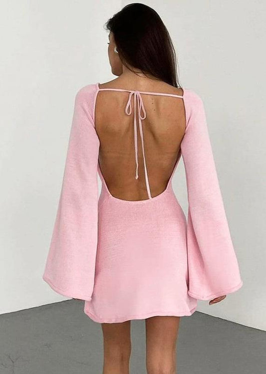 Bell-sleeve Backless Mini Dress