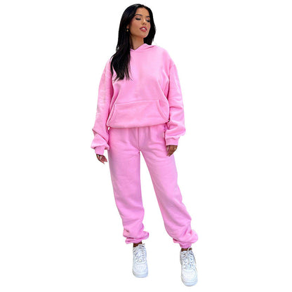 Autumn Winter Color Long Sleeve Hooded Fleece Lined Sweater Trousers Sets