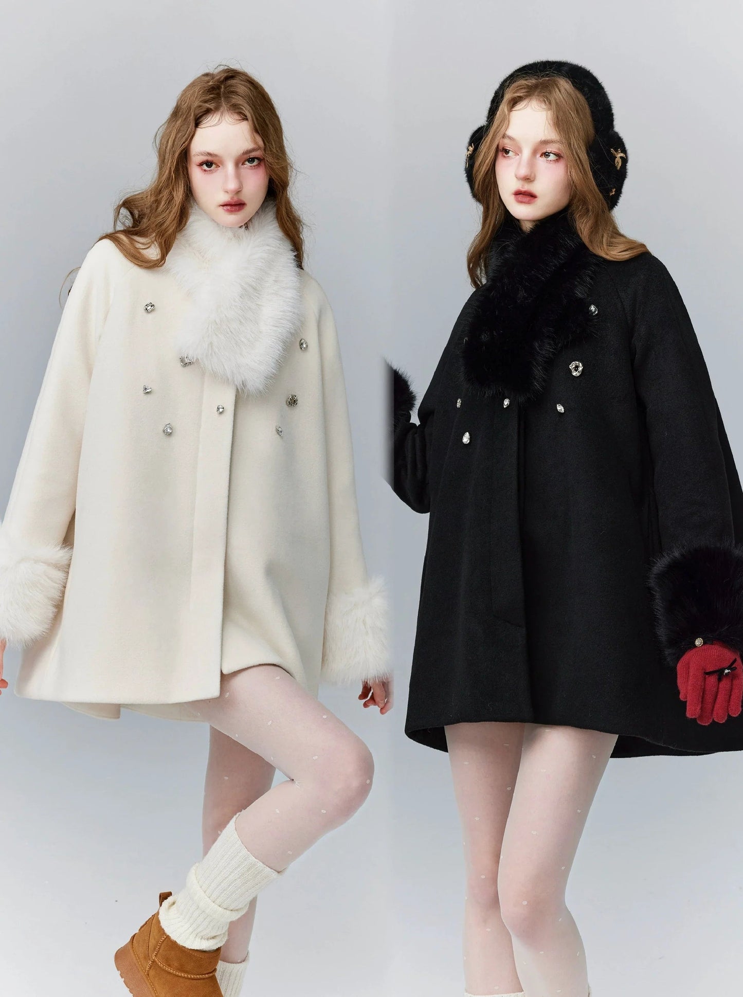 Luxe Faux Fur Trim Coat - Winter Jacket in Ivory and Black