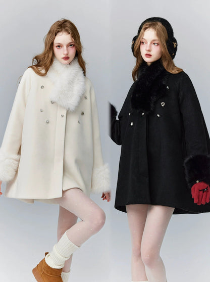 Luxe Faux Fur Trim Coat - Winter Jacket in Ivory and Black