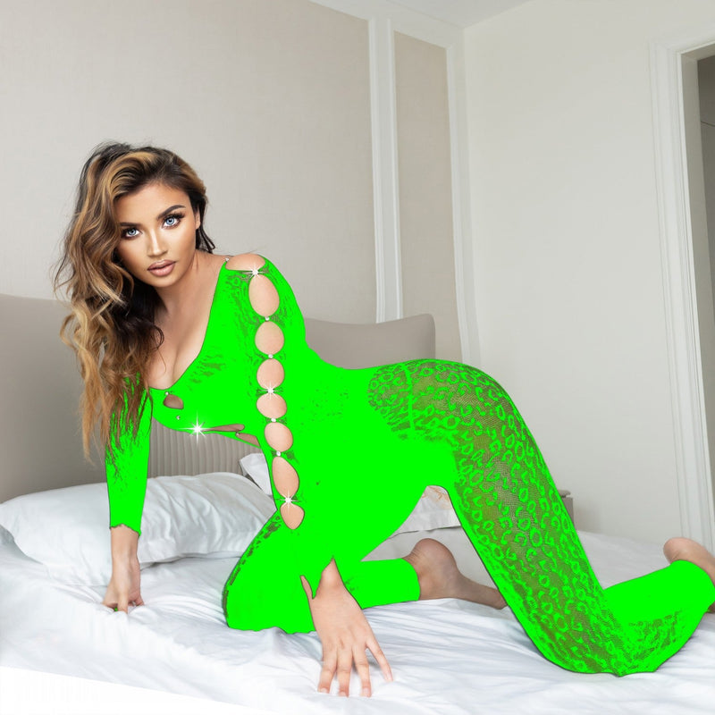 One Piece Rhinestone Leopard Print Fishnet Clothes Highlight Figure Long Sleeve Romper