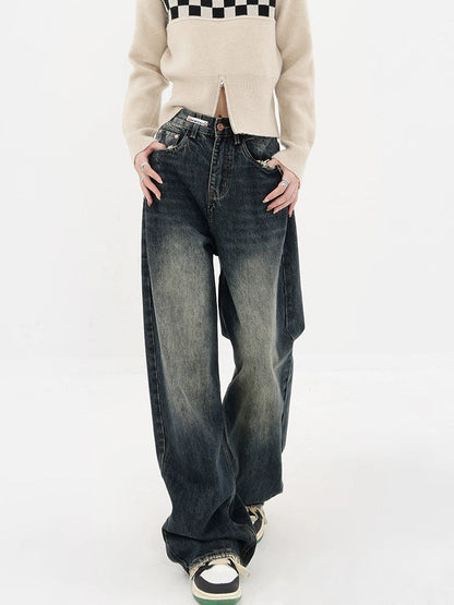 High Street Deep Blue Wide-leg Denim Pants