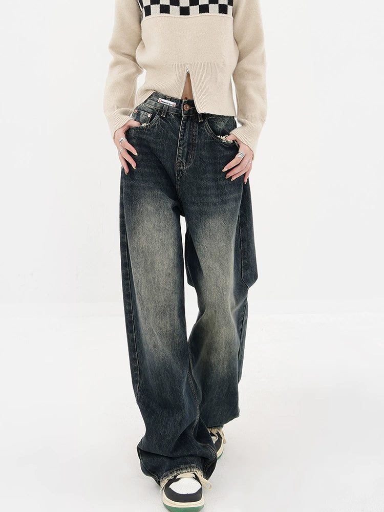 High Street Deep Blue Wide-leg Denim Pants