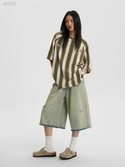 Contrast Striped Neck Beaded T-shirt