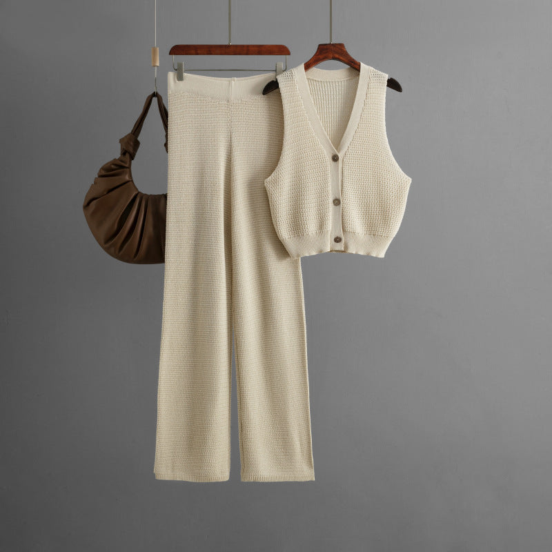 Fashionable Knitted Summer V Neck Sleeveless Vest High Waist Straight Pants Two Piece Set