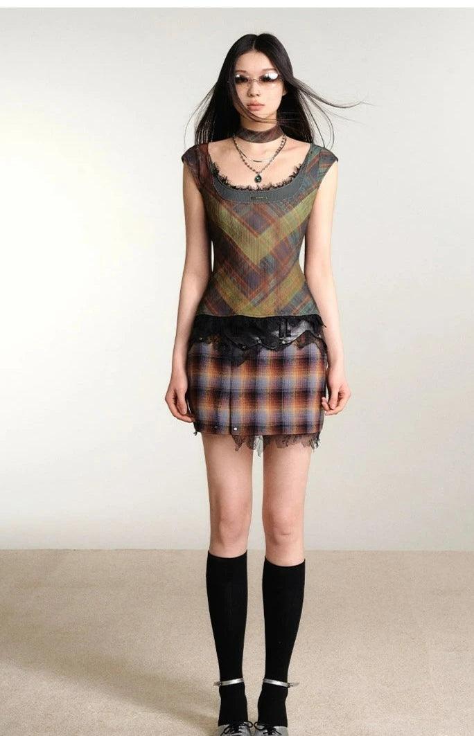 Of Akiva -inspired Plaid Camisole Top - Sleeveless Scoop Neck Blouse With Lace Trim and Matching Choker