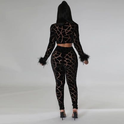 Long Sleeve Short Top Match Slim Fit Pencil Pants Two Piece Set