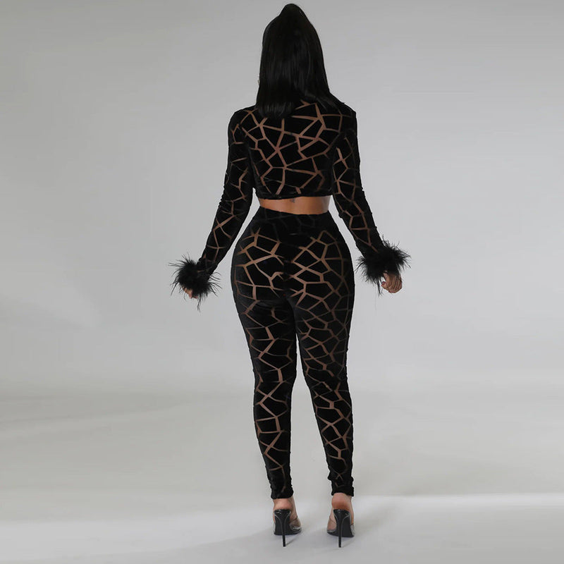Long Sleeve Short Top Match Slim Fit Pencil Pants Two Piece Set