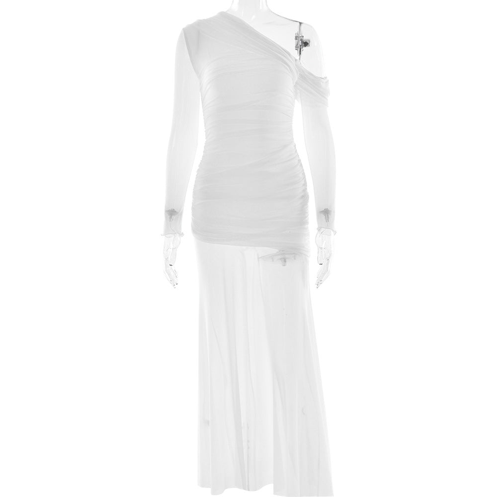 Dress Mesh Stitching Pleated Color Long Sleeve Slim Fit Maxi Dress