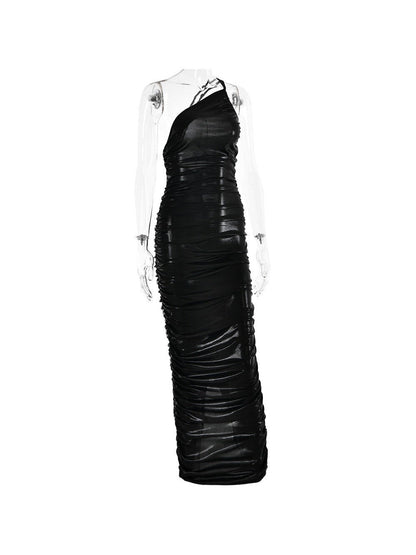 Metallic Coated One Shoulder Sheath Knitted Coated Dress