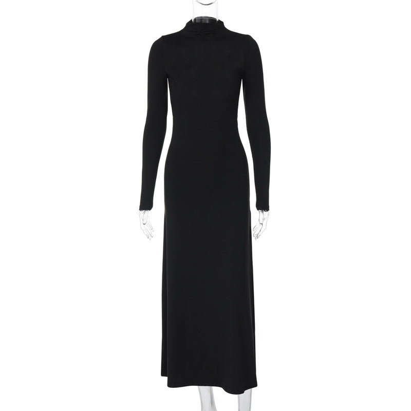 Spring Long Sleeve High Neck Backless Slit Maxi Dress Dress