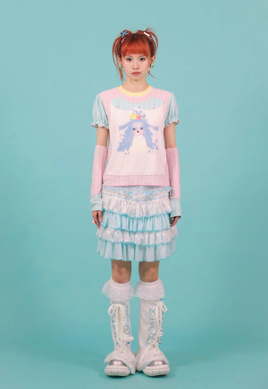 Frufru Tiered Ruffle Skirt - ' Pastel Blue and White Layered Summer Mini Skirt