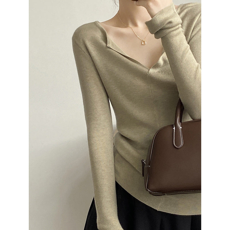 French V Neck Open Sweater Spring Inner Wear Slim Fit Long Sleeve Top