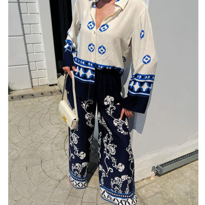 Clothing Positioning Printed Loose Long Sleeves Top Wide Leg Pants Two Piece Set