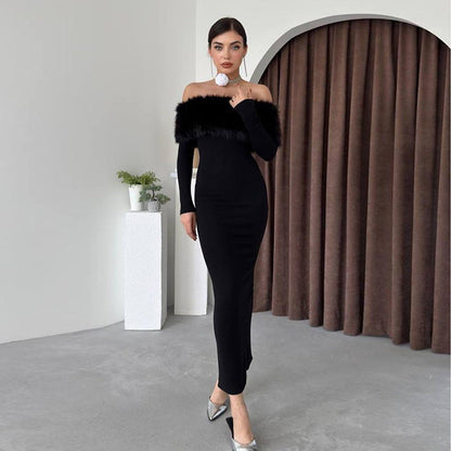 Autumn Maxi Dress Off Shoulder Fur Collar Slim Fit Dress