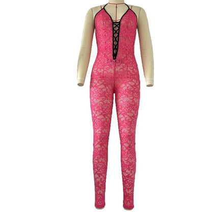 Spring Hollow Out Cutout Contrast Color Suspenders Slim Fit Backless Jumpsuit