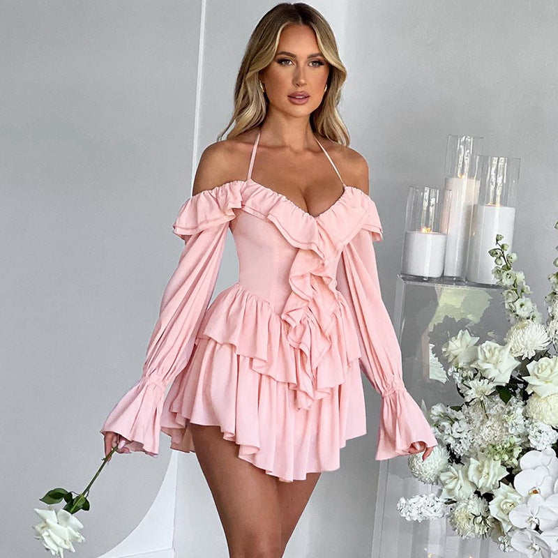 Clothing Autumn Halter Low Cut Ruffled Long Sleeve Romper