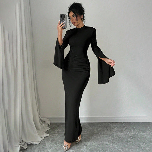 Clothing Slim Fit Color Round Neck Split Cuff Maxi Dress