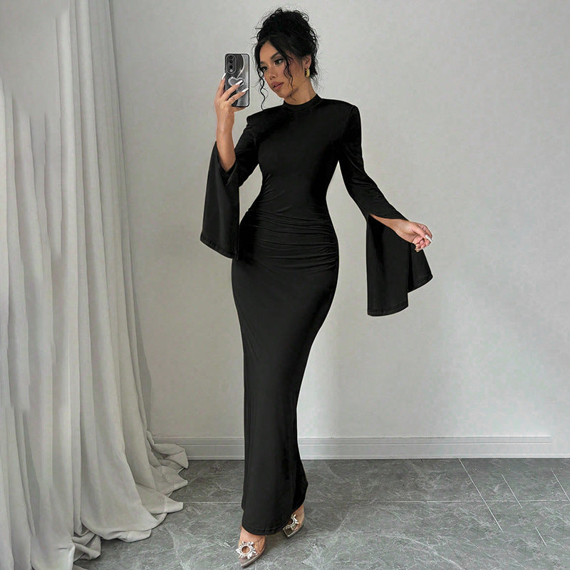 Clothing Slim Fit Color Round Neck Split Cuff Maxi Dress