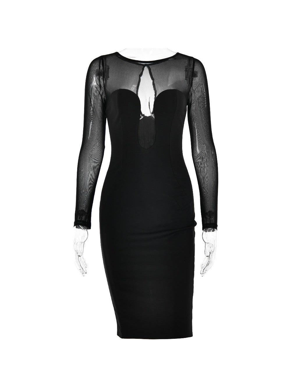 See Through Round Neck High Waist Midi Dress