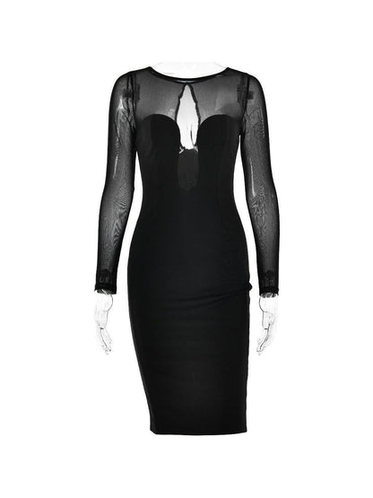 See Through Round Neck High Waist Midi Dress