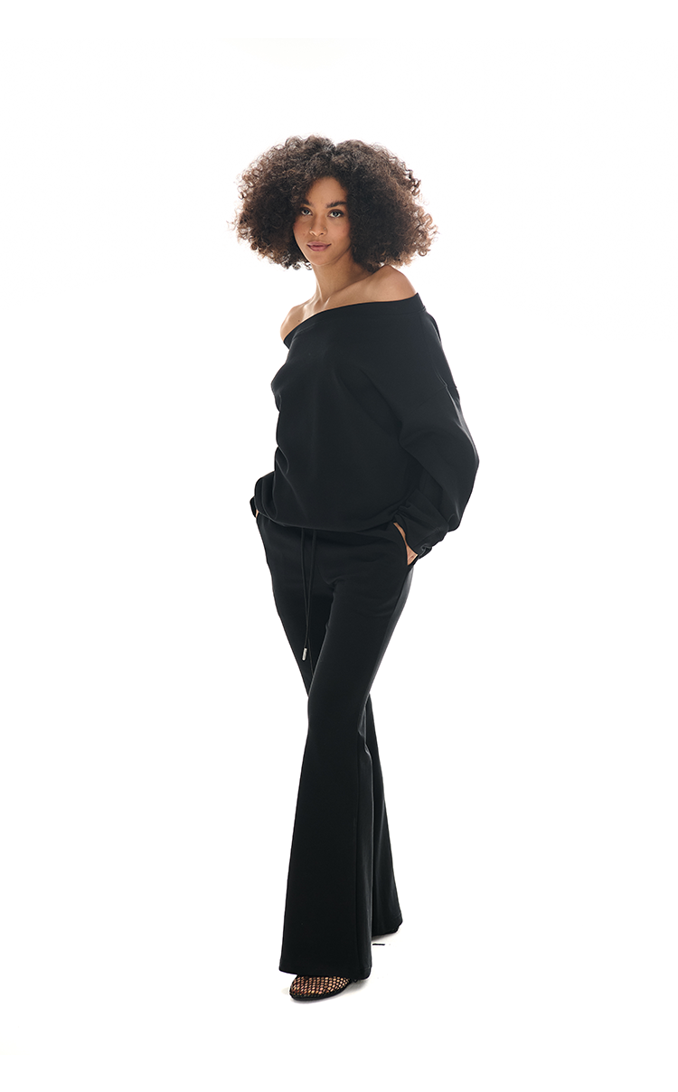 Off-the-shoulder Sweatshirt and Slight Flare Pants Set