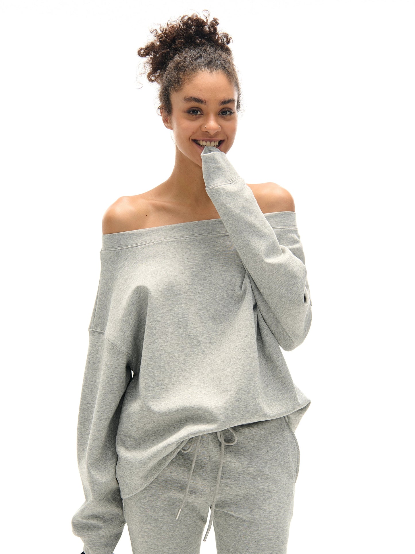 Off-the-shoulder Sweatshirt and Slight Flare Pants Set