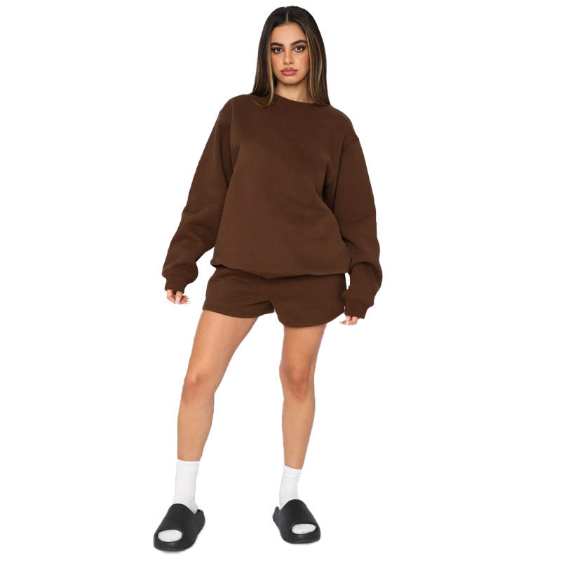 Cotton Autumn Winter Color Round Neck Pullover Long Sleeve Sweater Shorts Set