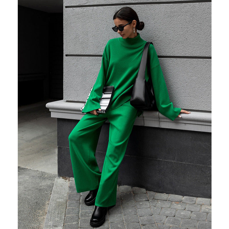 Half Turtleneck Irregular Asymmetric Sweater Suit Beveled Sweater Knitted Wide Leg Pants